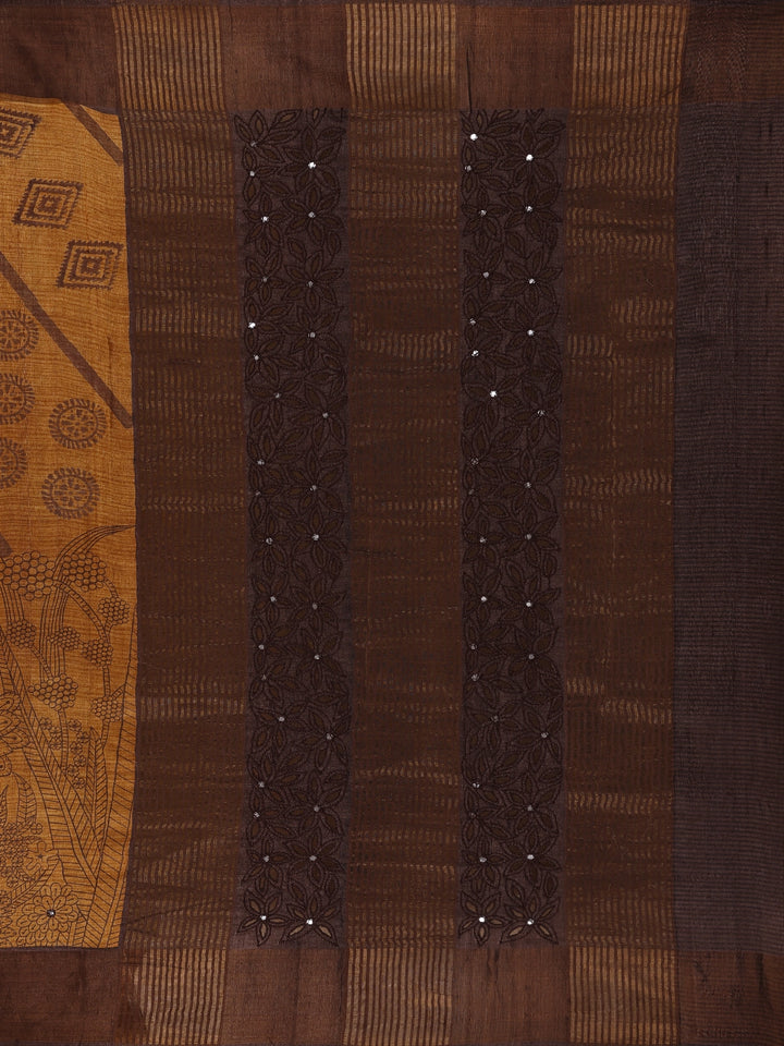 Brown Floral Woven Pure Tussar Silk Saree - Diadem