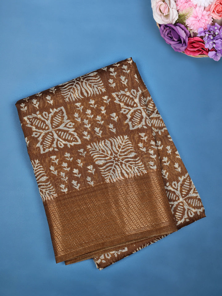 Brown Floral Designed Fancy Cotton Saree - Diadem