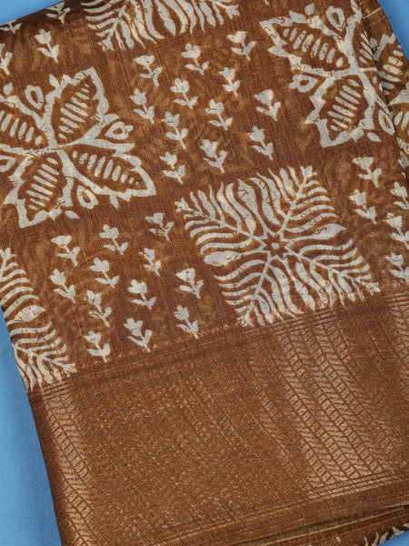 Brown Floral Designed Fancy Cotton Saree - Diadem