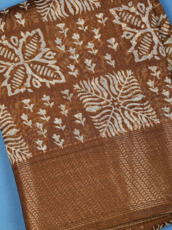 Brown Floral Designed Fancy Cotton Saree - Diadem