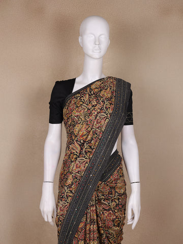 Brown Floral Designed Chanderi Cotton Saree - Diadem