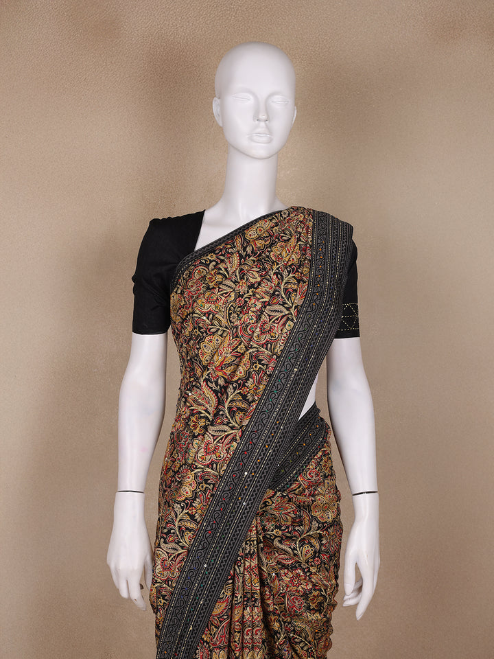 Brown Floral Designed Chanderi Cotton Saree - Diadem