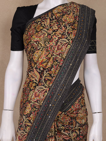 Brown Floral Designed Chanderi Cotton Saree - Diadem