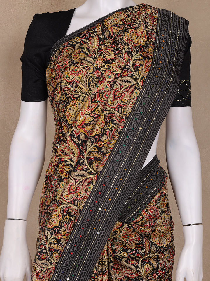 Brown Floral Designed Chanderi Cotton Saree - Diadem