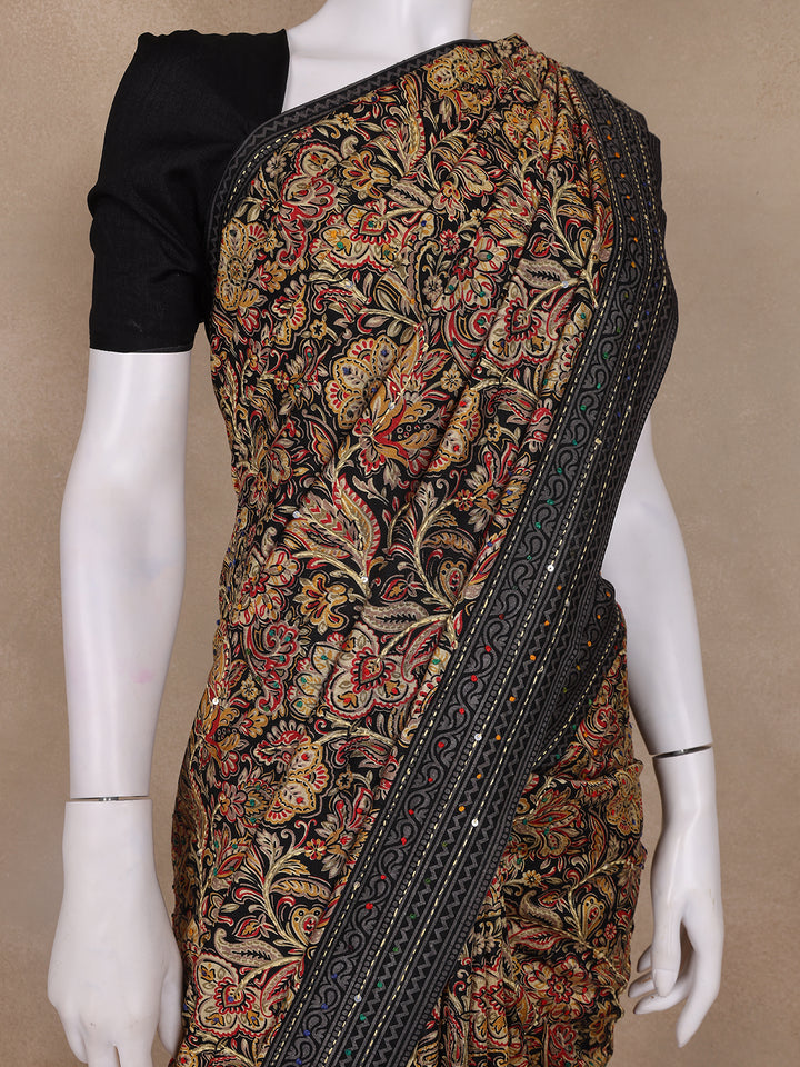 Brown Floral Designed Chanderi Cotton Saree - Diadem