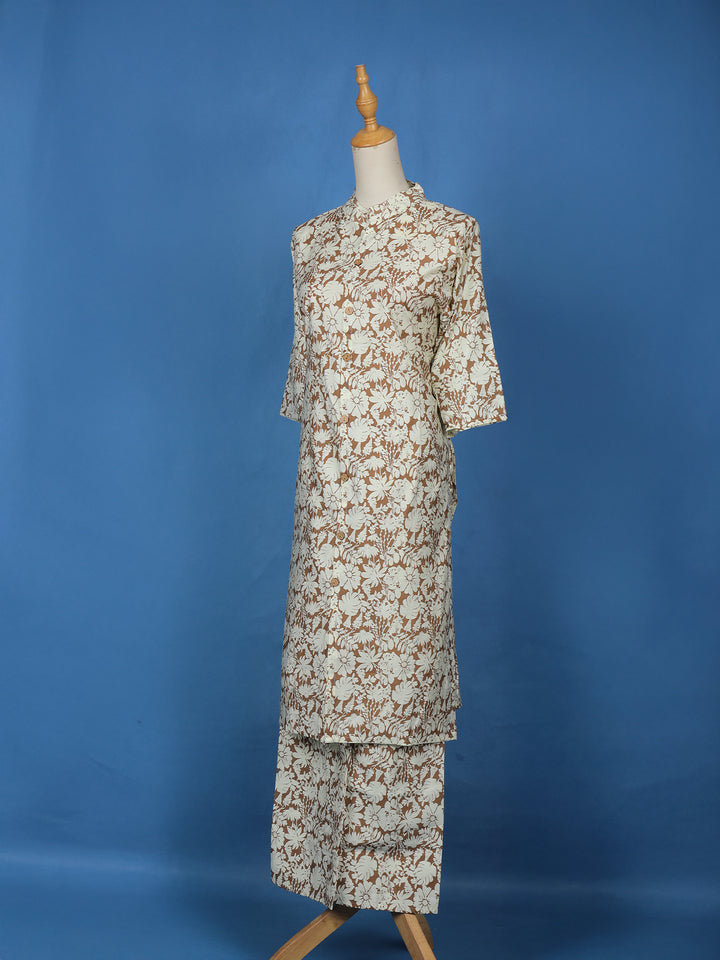 Brown Floral Designed Cotton Salwar Suit - Diadem
