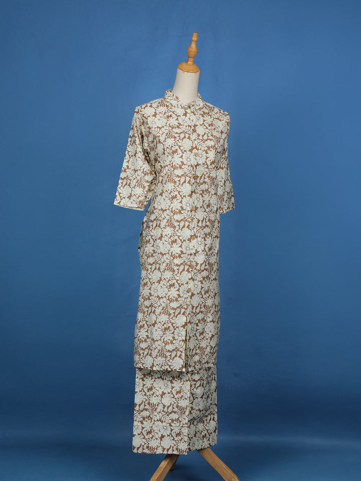 Brown Floral Designed Cotton Salwar Suit - Diadem