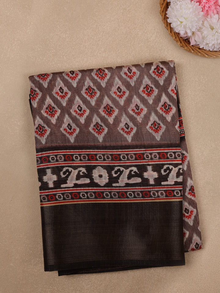 Brown Ikat Printed Fancy Cotton Saree - Diadem