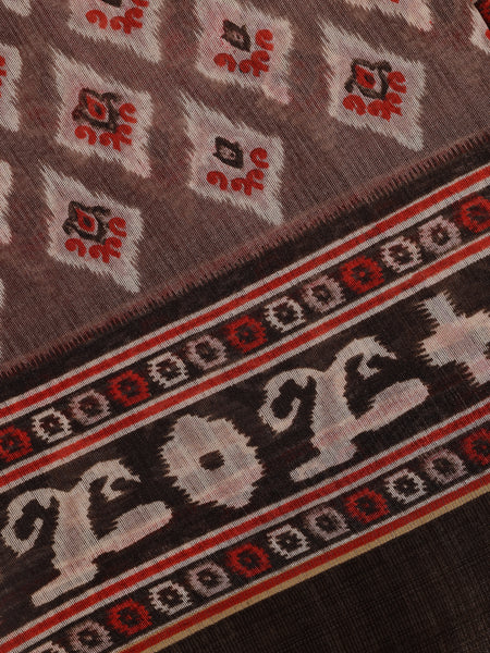 Brown Ikat Printed Fancy Cotton Saree - Diadem