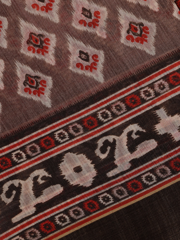 Brown Ikat Printed Fancy Cotton Saree - Diadem