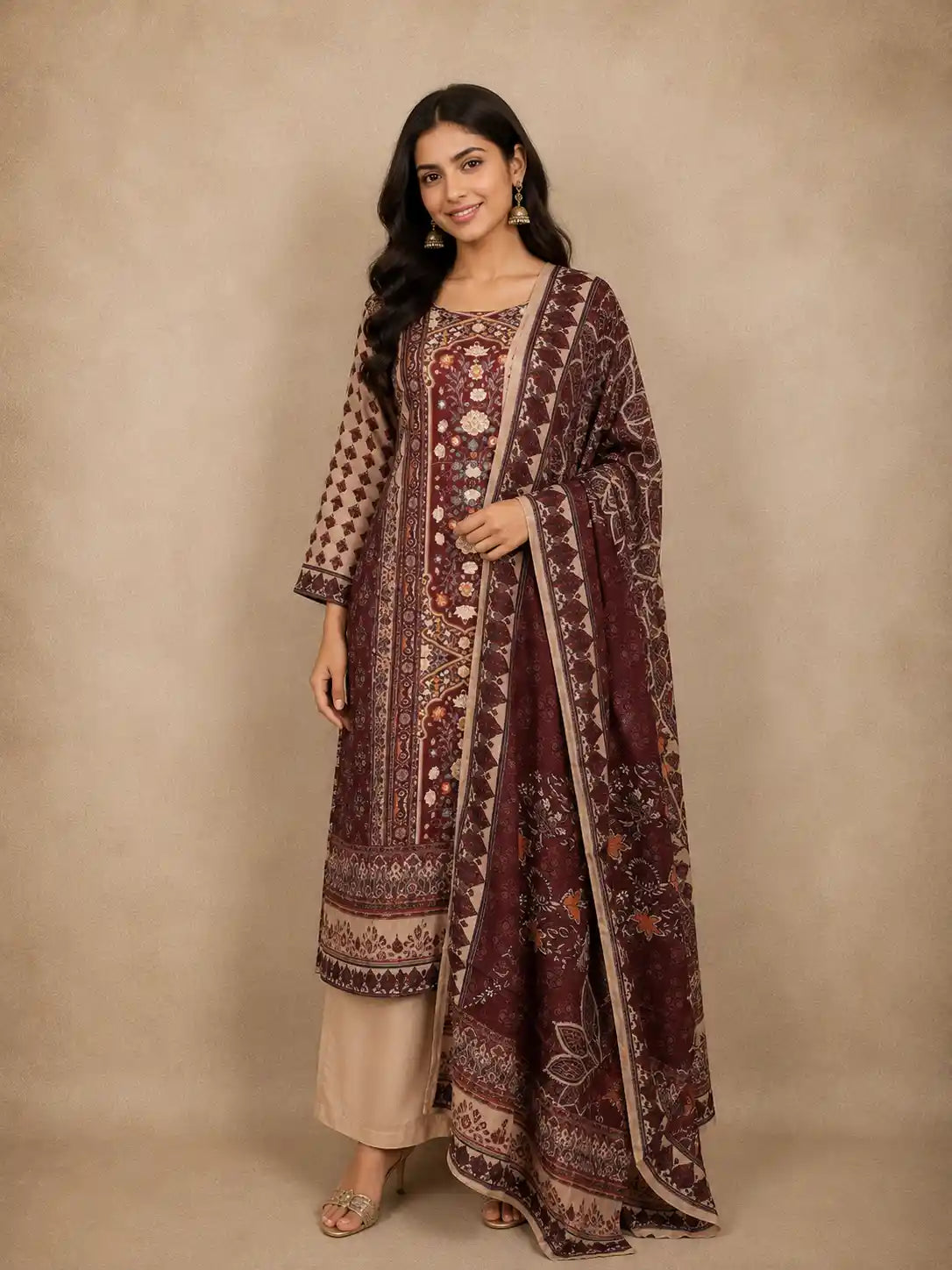 Brown Kashmiri Floral Printed Design Crepe Straight Cut Salwar Suit with Dupatta