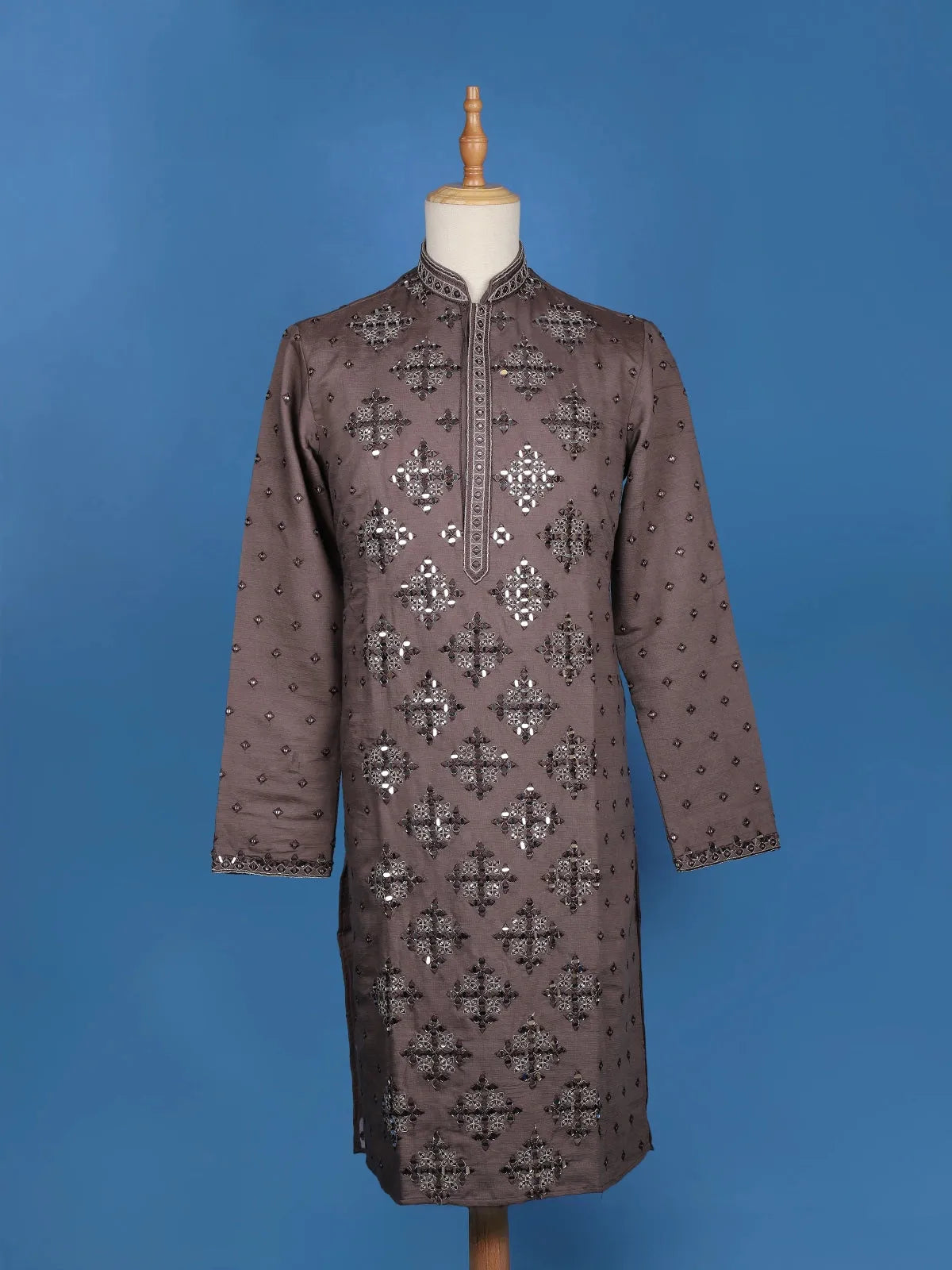 Brown Sequins And Mirror Work Raw Silk Kurta Set With Pant