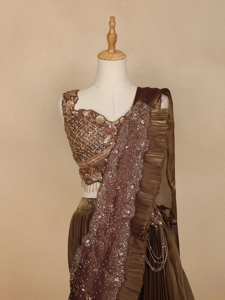 Brown Shimmer Floral Worked Bridesmaid Lehenga - Diadem