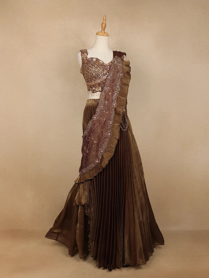 Brown Shimmer Floral Worked Bridesmaid Lehenga - Diadem