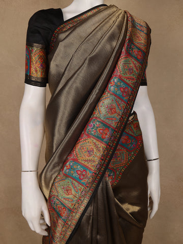 Brown Tissue Banarasi Saree With Paithani Border - Diadem