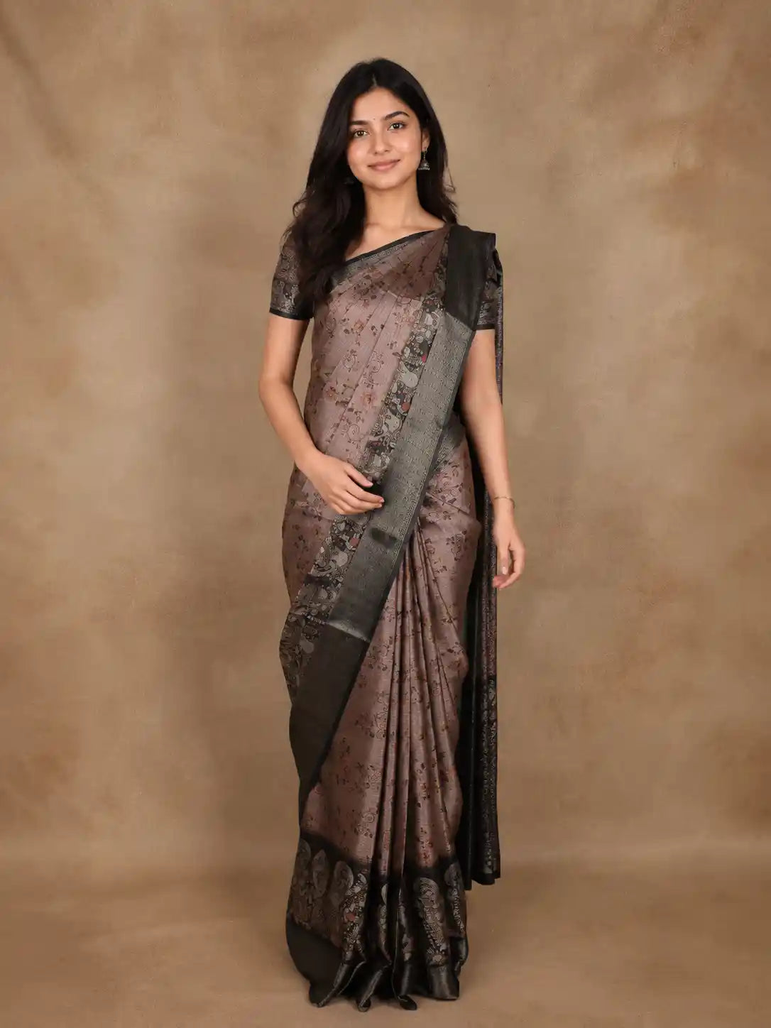 Brown and Black Floral Woven Design Mixed Cotton Fancy Saree with Zari Border