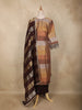 Brown and Gold Floral Embroidered Tissue Silk Salwar Suit with Striped Dupatta