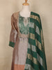 Brown and Green Floral Design Tissue Silk Salwar Suit with Striped Dupatta