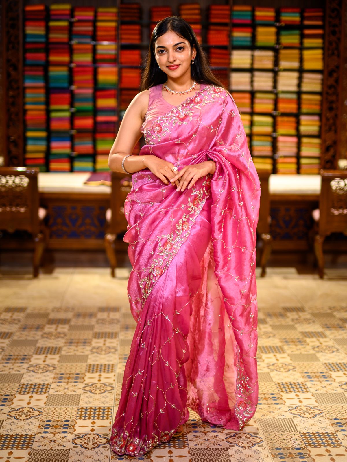Bubblegum Pink Heave Sequins and Zardozi Embroidered Design Pure Tissue Organza Saree with Designer Border