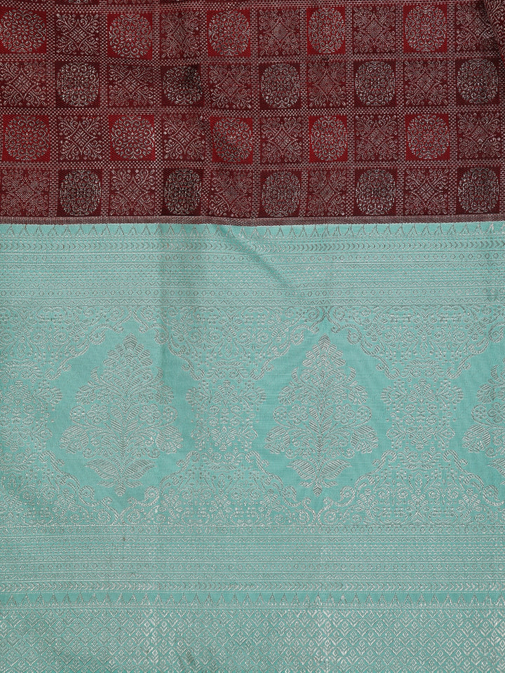 Burgundy Checks Woven Pure Kanchipuram Silk Saree - Diadem