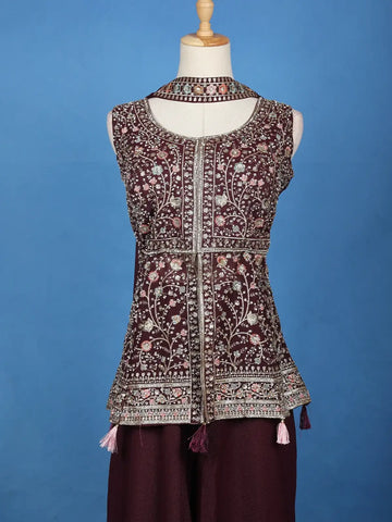 Burgundy Floral Design Georgette Palazzo Suit - Diadem