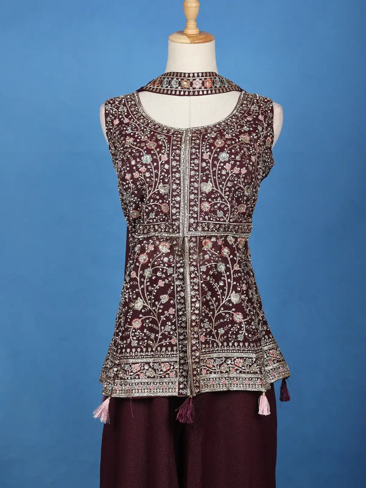 Burgundy Floral Design Georgette Palazzo Suit - Diadem