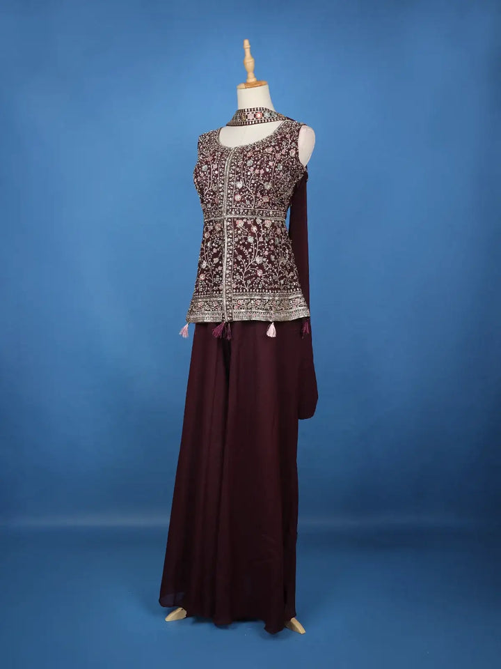 Burgundy Floral Design Georgette Palazzo Suit - Diadem