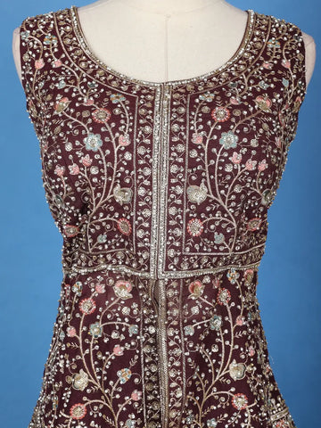 Burgundy Floral Design Georgette Palazzo Suit - Diadem