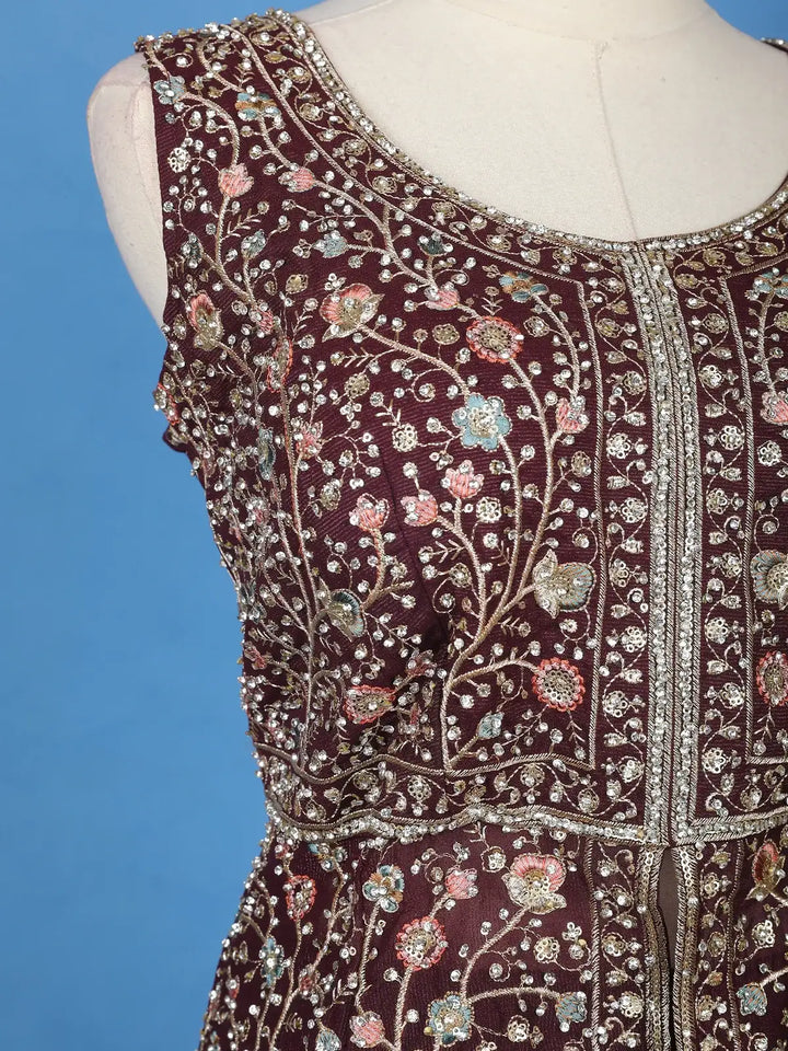 Burgundy Floral Design Georgette Palazzo Suit - Diadem