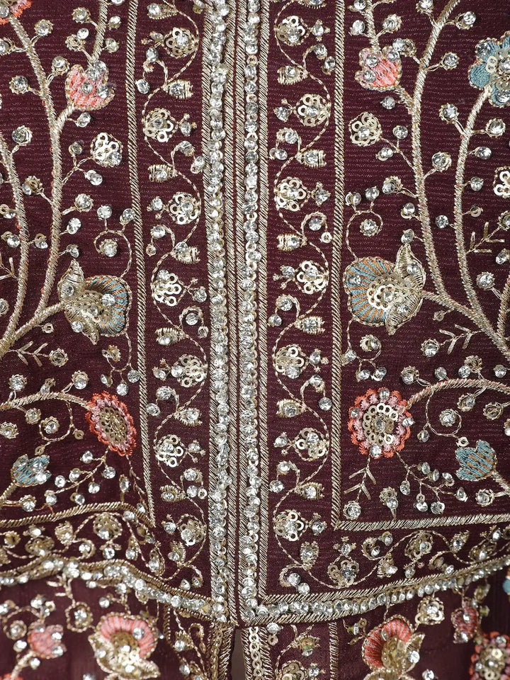 Burgundy Floral Design Georgette Palazzo Suit - Diadem