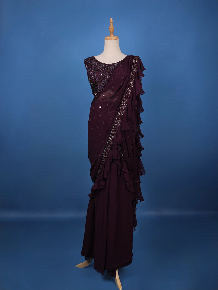 Burgundy Floral Designed Ruffle Drape Georgette Ready To Wear Saree - Diadem