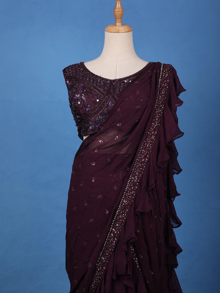 Burgundy Floral Designed Ruffle Drape Georgette Ready To Wear Saree - Diadem