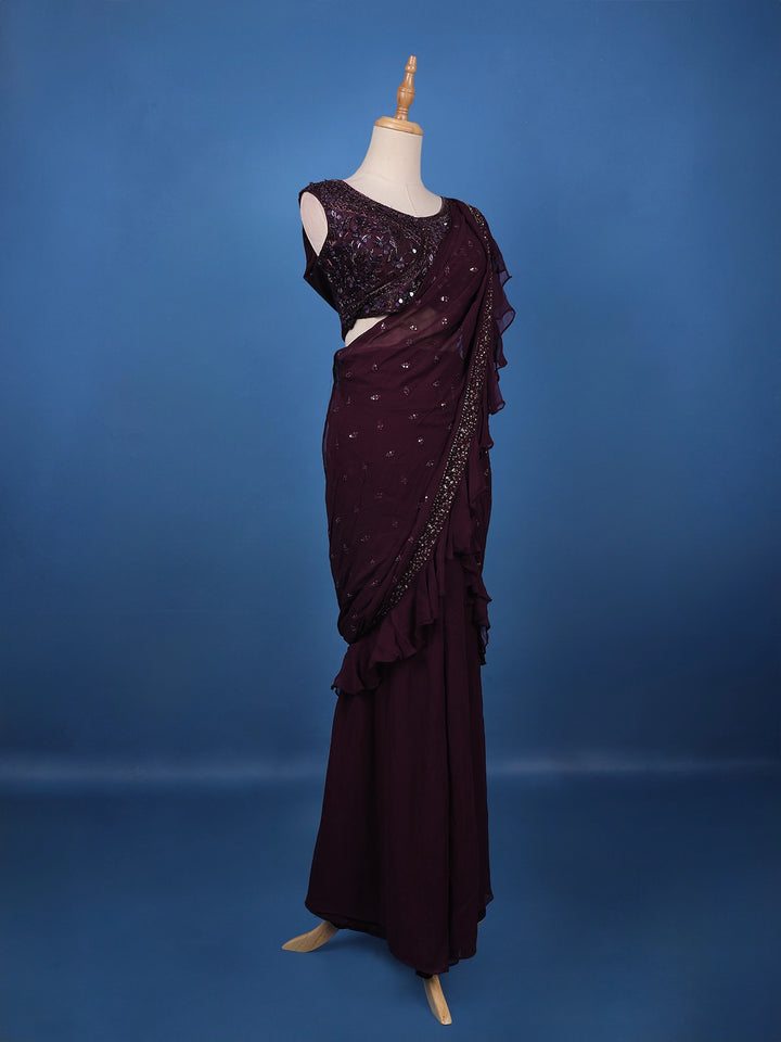 Burgundy Floral Designed Ruffle Drape Georgette Ready To Wear Saree - Diadem