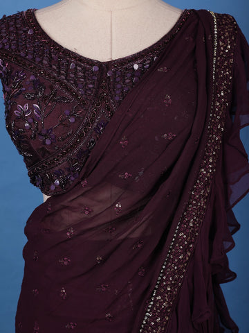 Burgundy Floral Designed Ruffle Drape Georgette Ready To Wear Saree - Diadem