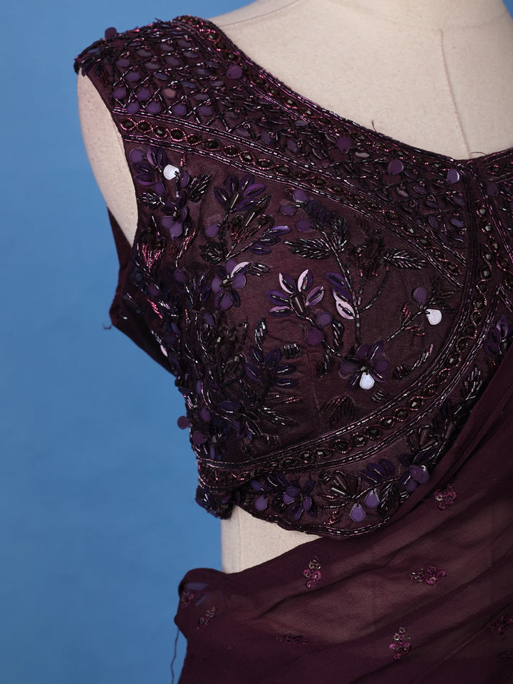 Burgundy Floral Designed Ruffle Drape Georgette Ready To Wear Saree - Diadem