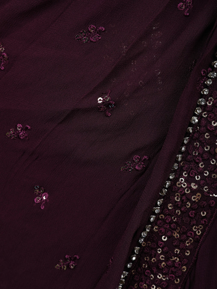 Burgundy Floral Designed Ruffle Drape Georgette Ready To Wear Saree - Diadem