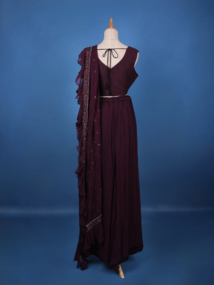 Burgundy Floral Designed Ruffle Drape Georgette Ready To Wear Saree - Diadem