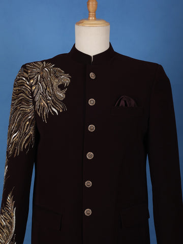 Burgundy Lion Head Motif Design Viscose Men's Suit - Diadem