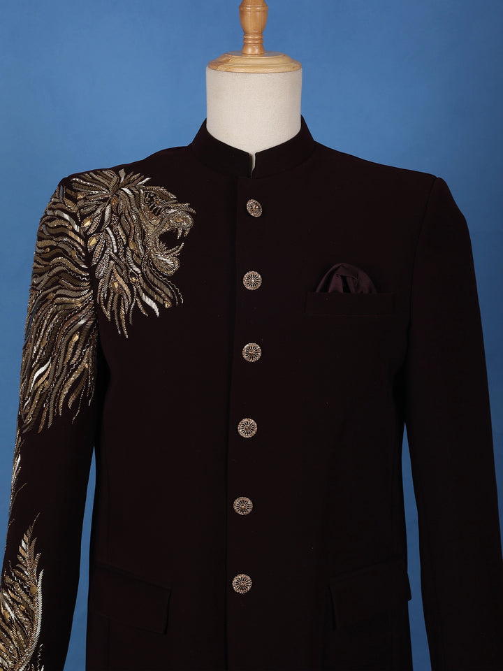 Burgundy Lion Head Motif Design Viscose Men's Suit - Diadem