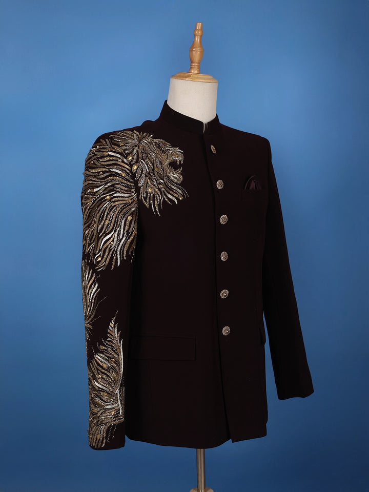 Burgundy Lion Head Motif Design Viscose Men's Suit - Diadem