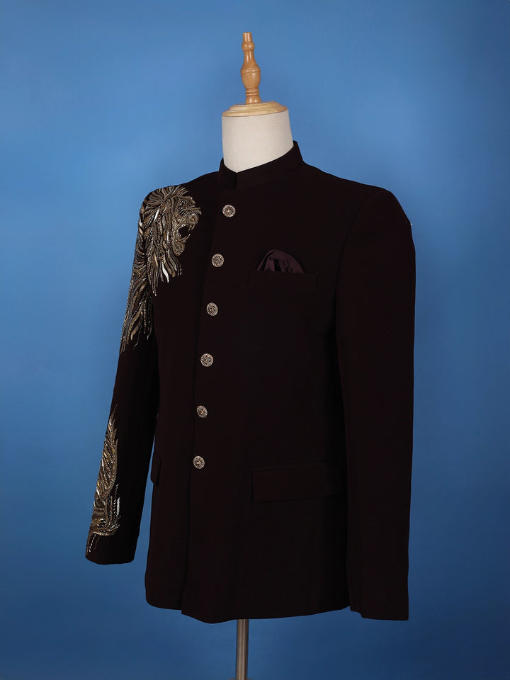 Burgundy Lion Head Motif Design Viscose Men's Suit - Diadem