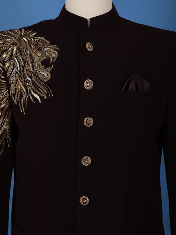 Burgundy Lion Head Motif Design Viscose Men's Suit - Diadem