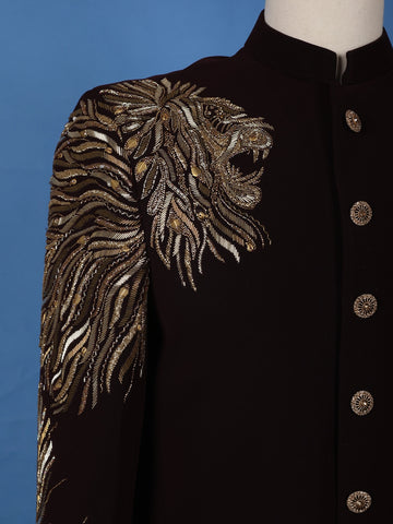 Burgundy Lion Head Motif Design Viscose Men's Suit - Diadem