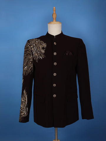 Burgundy Lion Head Motif Design Viscose Men's Suit - Diadem