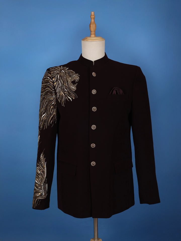 Burgundy Lion Head Motif Design Viscose Men's Suit - Diadem