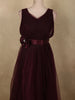 Burgundy Pleated Design Net Party Wear Gown with Bow Waist Detail