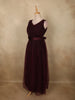 Burgundy Pleated Design Net Party Wear Gown with Bow Waist Detail