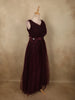Burgundy Pleated Design Net Party Wear Gown with Bow Waist Detail