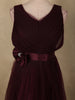Burgundy Pleated Design Net Party Wear Gown with Bow Waist Detail