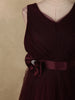 Burgundy Pleated Design Net Party Wear Gown with Bow Waist Detail